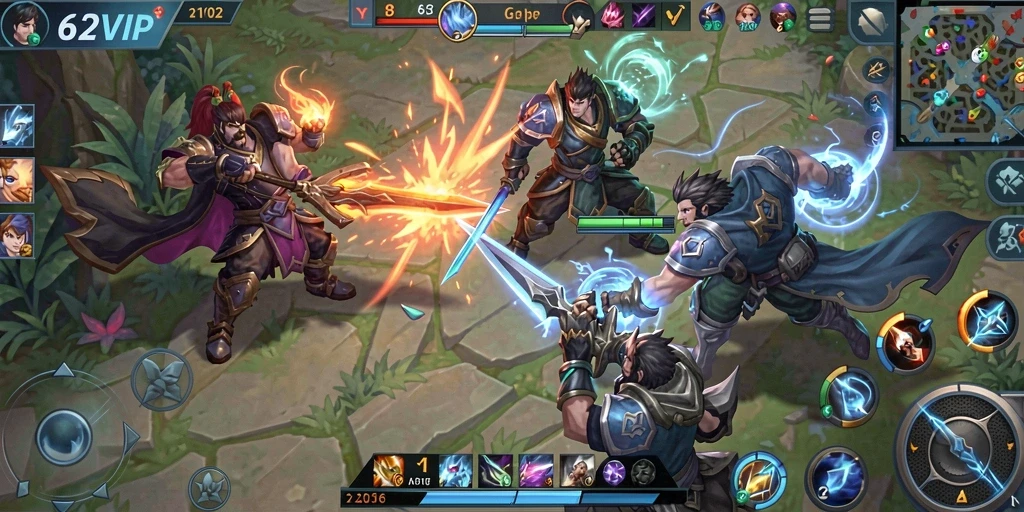 Tangkapan layar gameplay dinamis dari 62VIP yang menampilkan pertempuran tim.