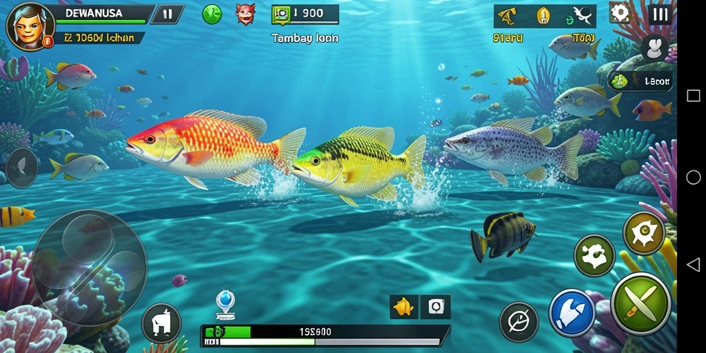Tampilan gameplay DEWANUSA saat menembak ikan di bawah laut.
