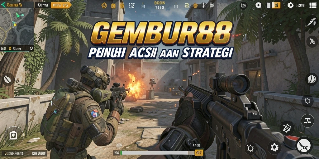 Tampilan aksi seru dari gameplay GEMBUR88 di medan perang FPS.