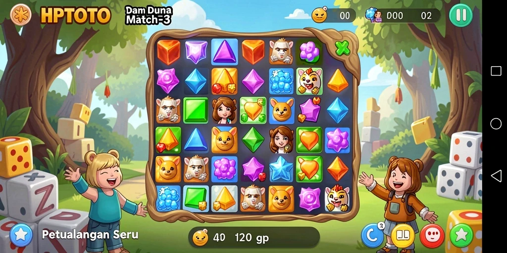 Menampilkan gameplay HPTOTO dengan kombinasi warna-warni elemen Match-3.