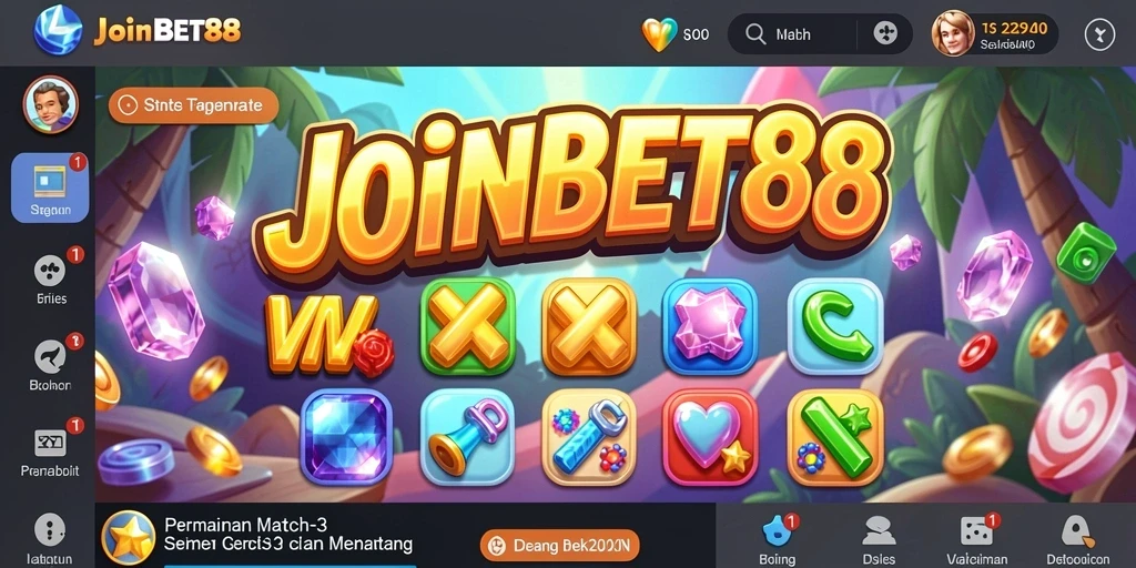 Tampilan gameplay seru dalam JOINBET88 dengan elemen Match-3 yang colorful.