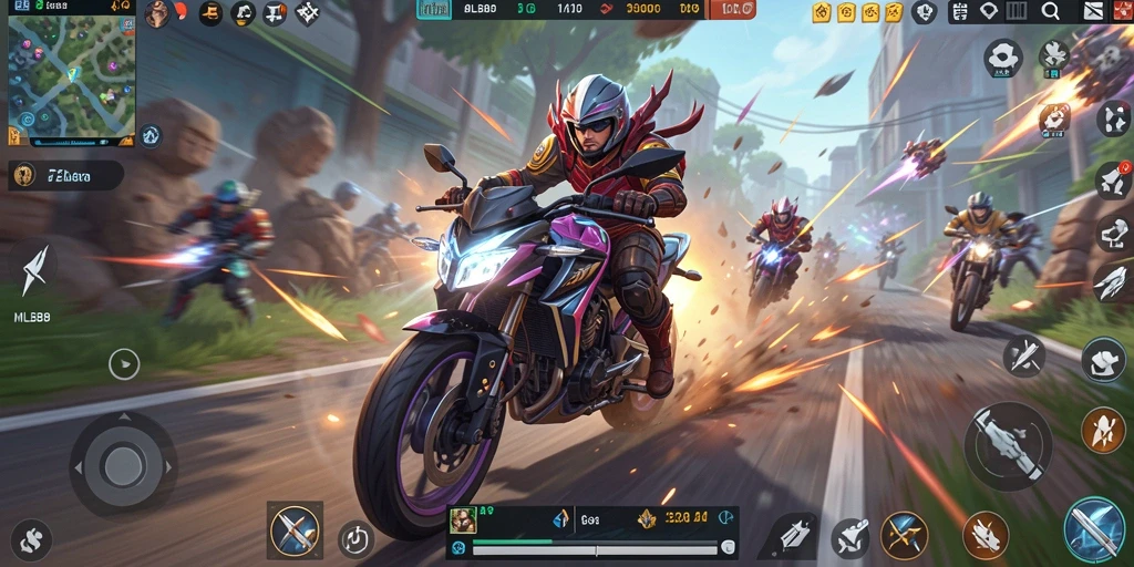 Tangkapan layar utama MLBB8 menampilkan balapan motor yang mendebarkan.