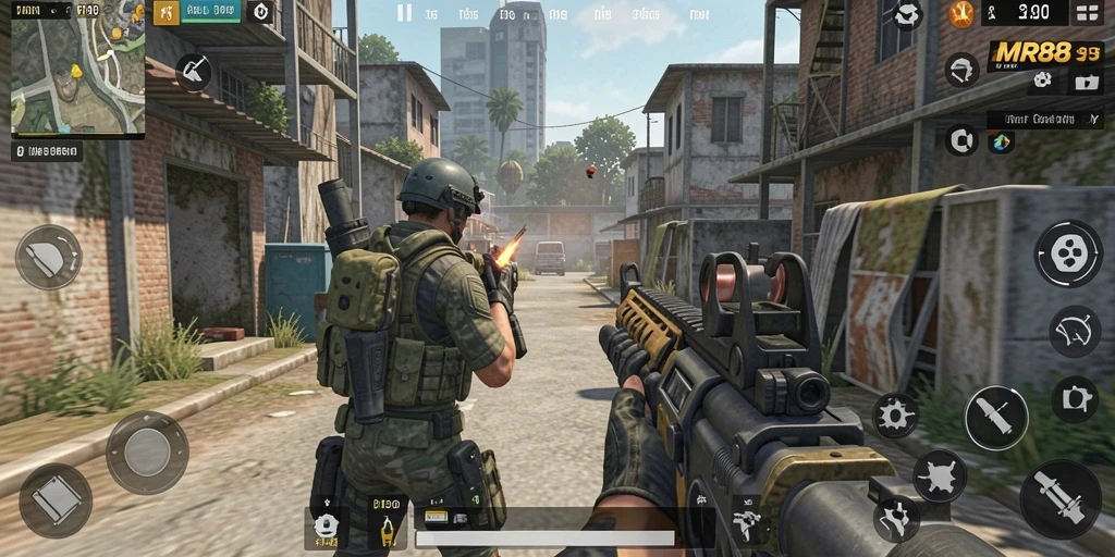 Screenshot gameplay MR888 menunjukkan aksi mendebarkan dalam pertempuran TPS.
