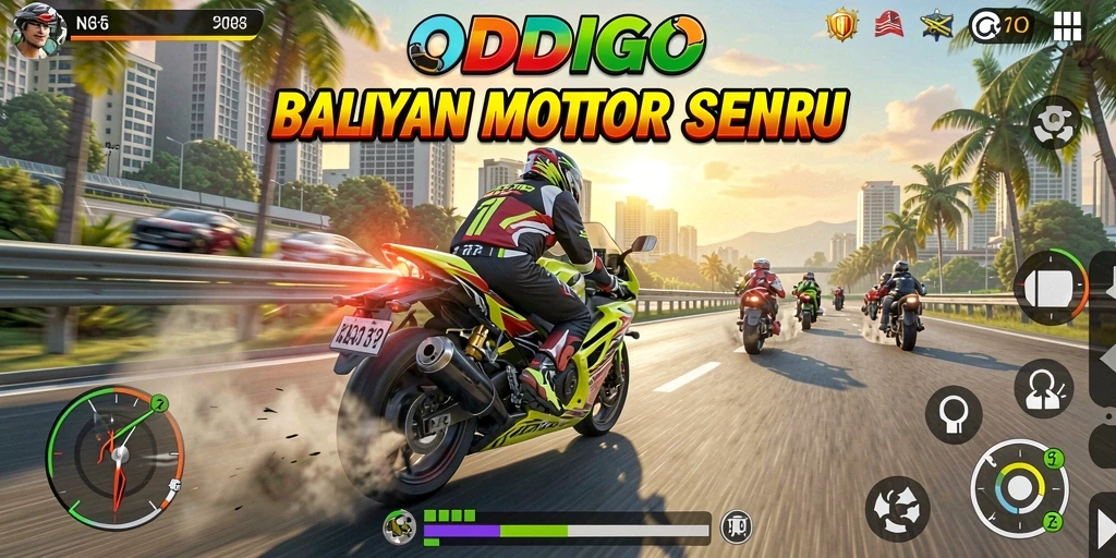 Screenshot gameplay ODDIGO yang menampilkan aksi balapan motor yang mendebarkan.