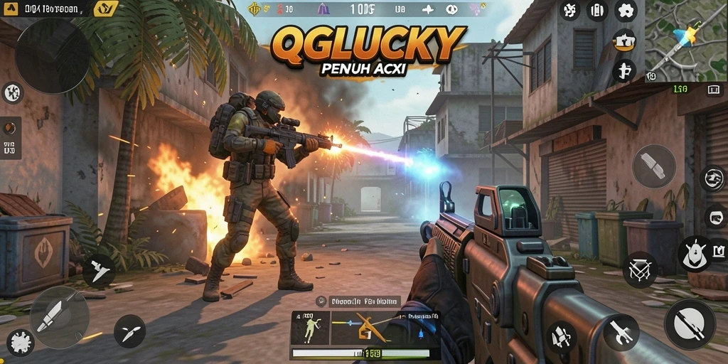 Tangkapan layar QGLUCKY menunjukkan aksi tembak-menembak intens dan lingkungan permainan yang menarik.