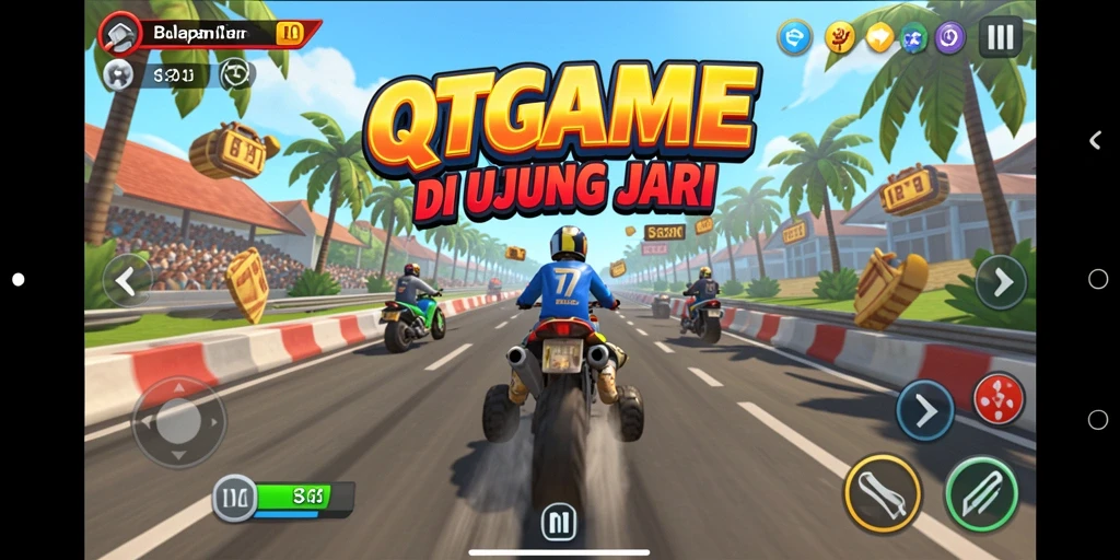 Tangkapan layar utama QTGAME menampilkan aksi balapan yang mendebarkan.