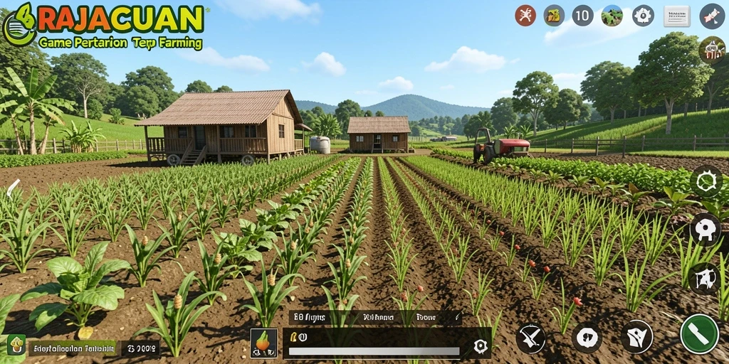Tampilan gameplay RAJACUAN dengan kebun yang subur dan hewan ternak.