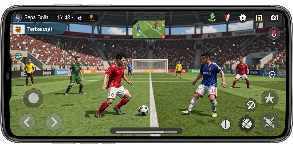 Screenshot dari gameplay S13 dengan aksi sepak bola yang mendebarkan.