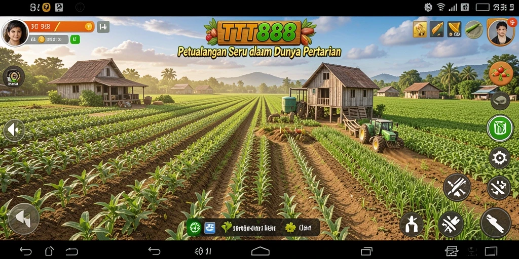 Screenshot TTT888 menampilkan ladang subur dan interaksi dengan hewan ternak.