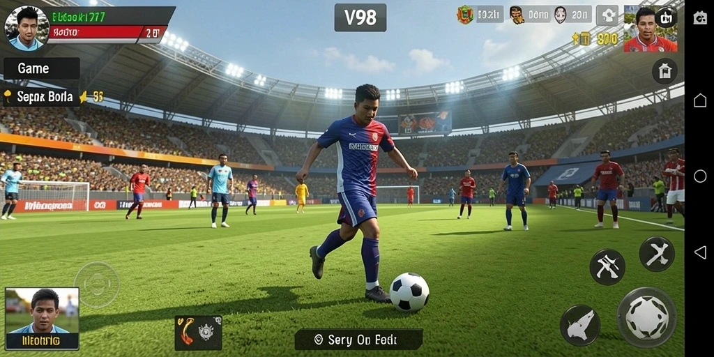 Screenshot gameplay V98 menampilkan pertandingan sepak bola yang intens.