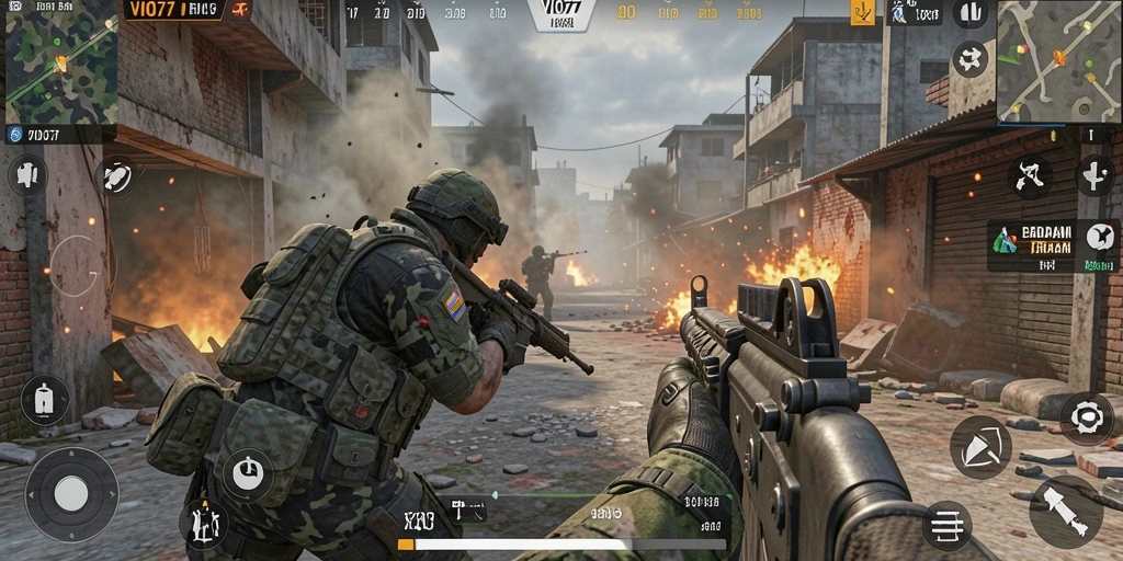 Screenshot VIO77 menampilkan pertempuran FPS yang mendebarkan.