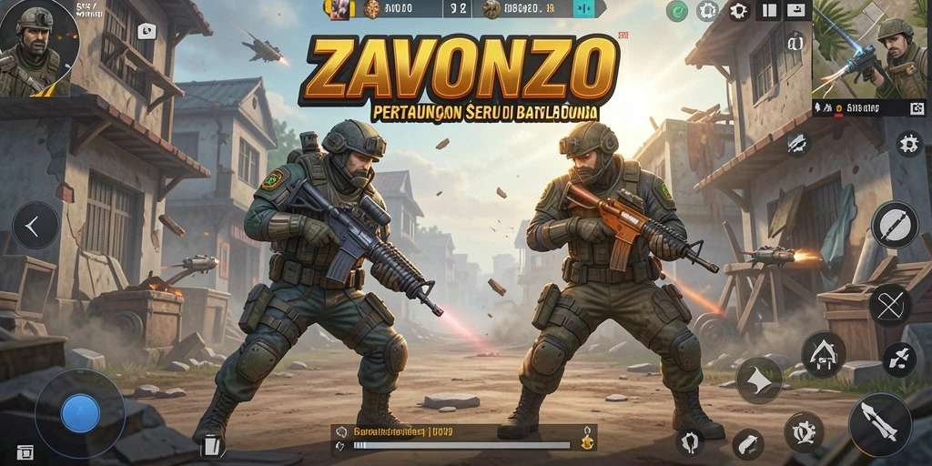 Screenshot ZAVONZO menampilkan aksi intens dalam gameplay Battle Royale.